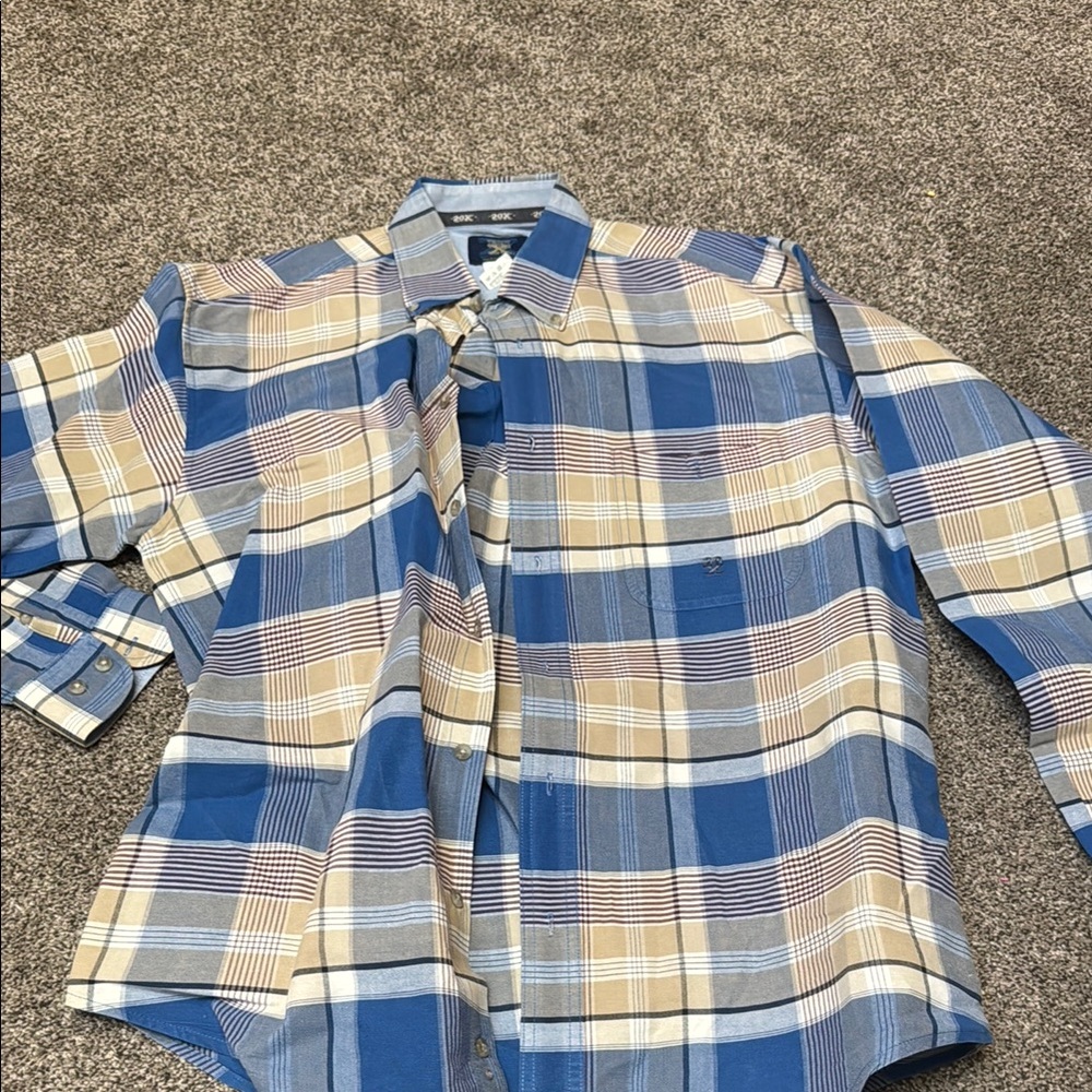 Wrangler Blue Tan Plaid Casual Button Down Shirt